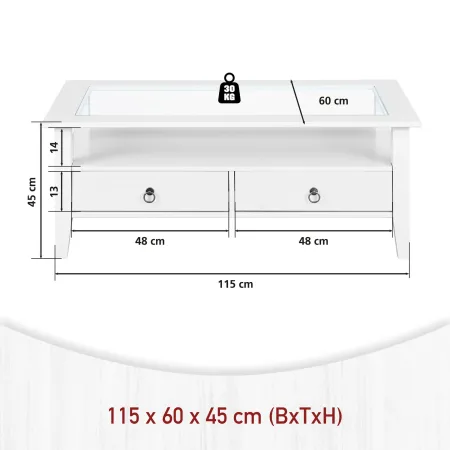 Tavolino in Vetro da Caffe 115x60 Bianco Tavolo Legno Divano da Soggiorno Divano | BricoShop24