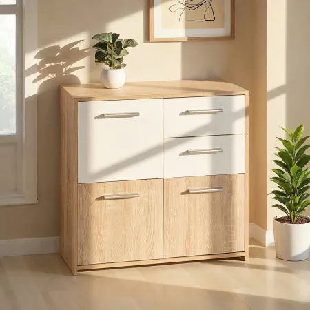 Mobile Bianco Rovere 3 Ante 2 Cassetti Credenza Buffet Moderna Dispensa Salotto | BricoShop24