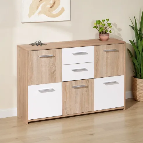 Buffet Mobile Moderno Bianco e Rovere con Ante Cassetti da Salotto