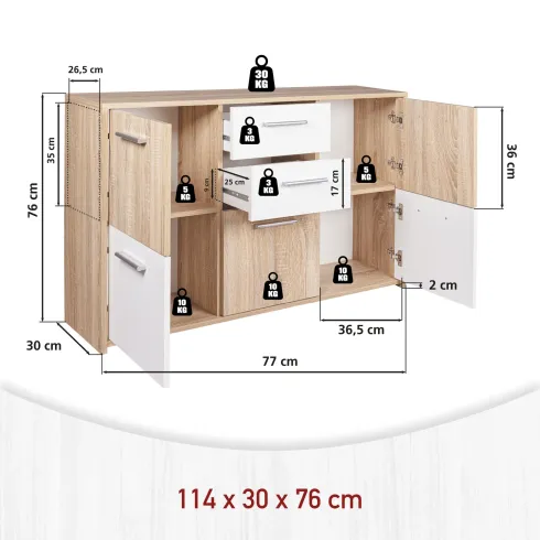 Buffet Mobile Moderno Bianco e Rovere con Ante Cassetti da Salotto