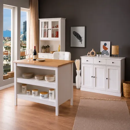 Tavolo Alto da Pranzo Mobile Bianco con Ripiani Penisola per Cucina
