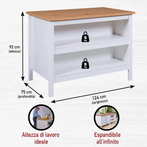 Tavolo Alto da Pranzo Mobile Bianco con Ripiani Penisola per Cucina