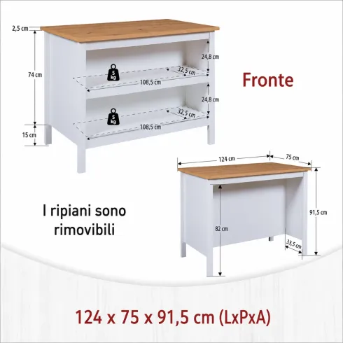 Tavolo Alto da Pranzo Mobile Bianco con Ripiani Penisola per Cucina