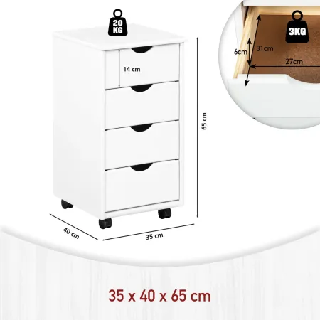 Cassettiera con Ruote Bianco 4 Cassetti da Ufficio Studio Camera