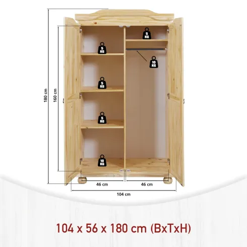 Armadio 2 Ante in Legno Massello Appendiabiti Camera da Letto Cabina Guardaroba | BricoShop24
