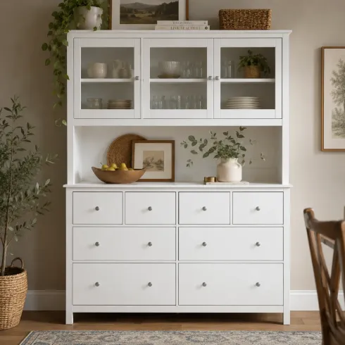 Credenza da Soggiorno 3 Ante 8 Cassetti con Vetrina in Legno Bianco