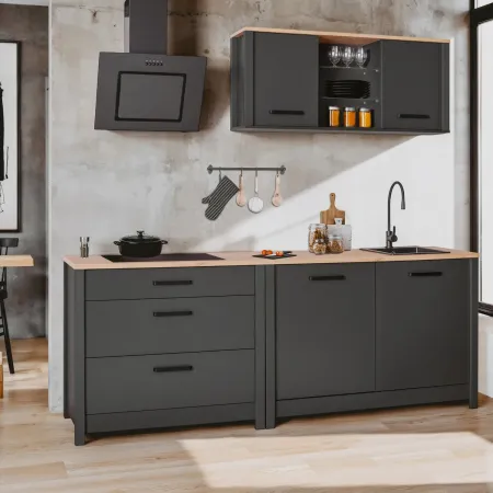 Mobile Cucina con Base Piano cottura Pensile Sottolavello Antracite Rovere