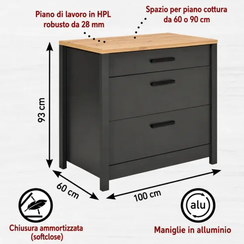 Cucina Componibile 5 Mobili Pensile Colonne Legno Antracite Rovere