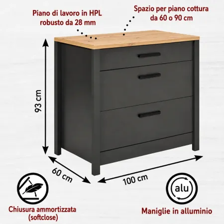 Cucina Componibile 5 Mobili Pensile Colonne Legno Antracite Rovere