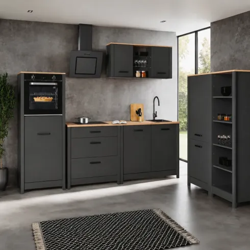 Cucina Componibile in Legno Antracite Rovere 7 Mobili Pensili Colonne