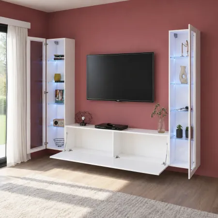 Parete da Soggiorno Attrezzata con 2 Vetrine Porta TV Bianco Lucido