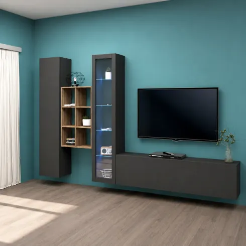 Parete Attrezzata Soggiorno Antracite Colonna Vetrina Porta TV Libreria