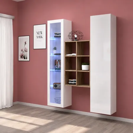 Mobile Soggiorno Colonna Vetrina Libreria Bianco Rovere a Parete