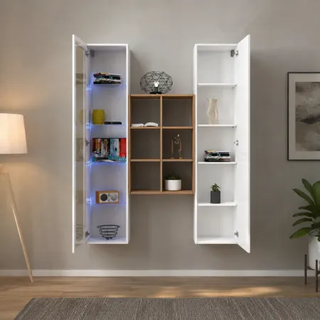 Mobile Soggiorno Colonna Vetrina Libreria Bianco Rovere a Parete