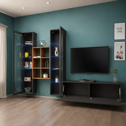 Parete Attrezzata Antracite per Soggiorno 320x30x180 cm con Vetrine