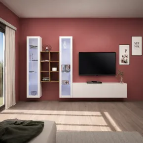 Parete Attrezzata Bianco Lucido per Soggiorno 320x30x180 cm Vetrine 2
