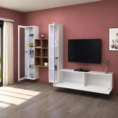 Parete Attrezzata Bianco Lucido per Soggiorno 320x30x180 cm Vetrine