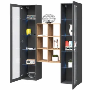 Parete Attrezzata Soggiorno 2 Vetrine Antracite Libreria Rovere 140 cm 2