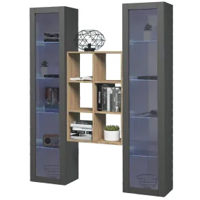 Parete Attrezzata Soggiorno 2 Vetrine Antracite Libreria Rovere 140 cm