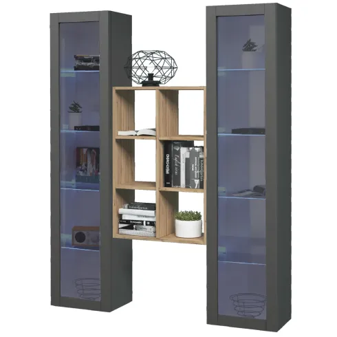 Parete Attrezzata Soggiorno 2 Vetrine Antracite Libreria Rovere 140 cm