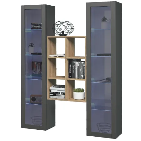 Parete Attrezzata Soggiorno 2 Vetrine Antracite Libreria Rovere 140 cm