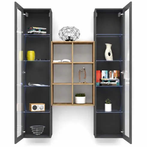 Parete Attrezzata Soggiorno 2 Vetrine Antracite Libreria Rovere 140 cm