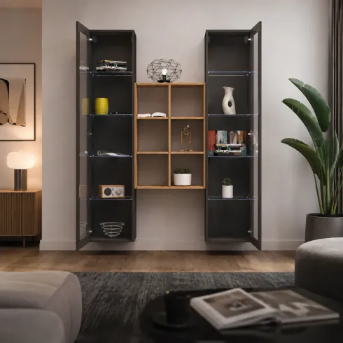 Parete Attrezzata Soggiorno 2 Vetrine Antracite Libreria Rovere 140 cm
