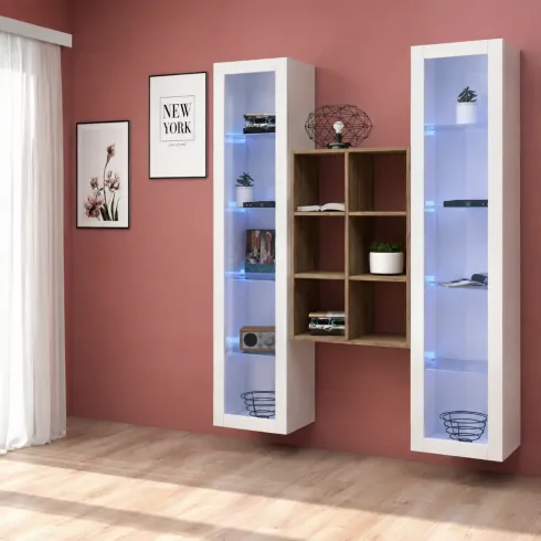 Parete Attrezzata Soggiorno 2 Vetrine Bianco Libreria Rovere 140 cm