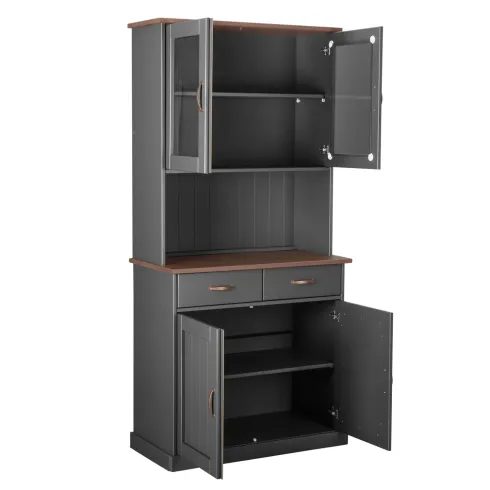 Credenza Grigia Alta Mobile 2 Ante con Cassetti Vetrina da Cucina Ingresso Legno | BricoShop24