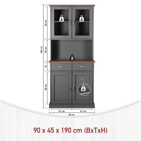 Credenza Grigia Alta Mobile 2 Ante con Cassetti Vetrina da Cucina Ingresso Legno | BricoShop24