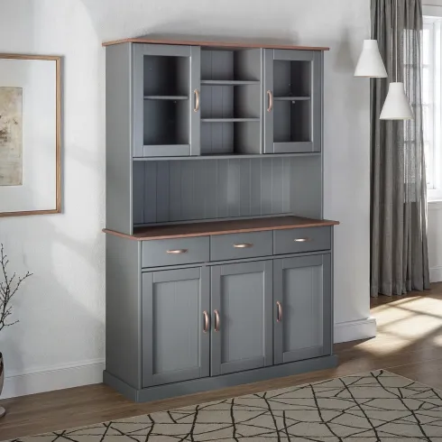Credenza Grigia Alta Mobile 3 Ante con Cassetti Vetrina Cucina Contenitore Legno | BricoShop24