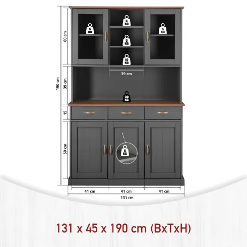 Credenza Grigia Alta Mobile 3 Ante con Cassetti Vetrina Cucina Contenitore Legno | BricoShop24