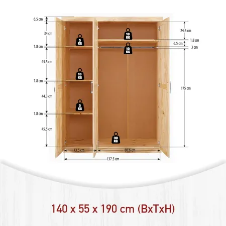 Armadio tre 3 Ante in Legno Appendiabiti Mobile Guardaroba per Camera da Letto | BricoShop24