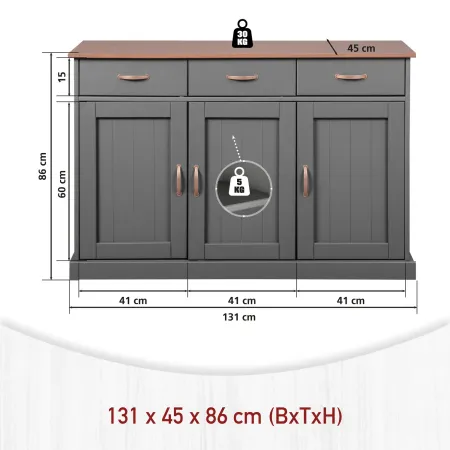 Mobile Grigio a 3 Ante 3 Cassetti Credenza in Legno Dispensa da Soggiorno Cucina | BricoShop24