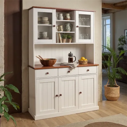 Mobile a 3 Ante 3 Cassetti Bianca Credenza Alta con Vetrina da Soggiorno Cucina | BricoShop24