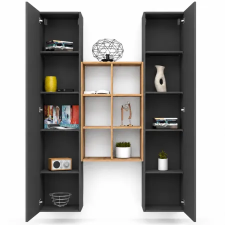 Parete Attrezzata Sospesa Soggiorno Antracite Rovere con Libreria