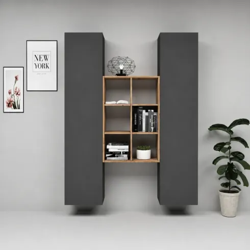Parete Attrezzata Sospesa Soggiorno Antracite Rovere con Libreria
