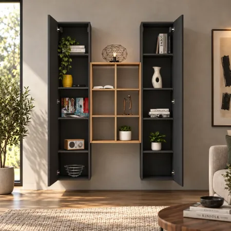 Parete Attrezzata Sospesa Soggiorno Antracite Rovere con Libreria
