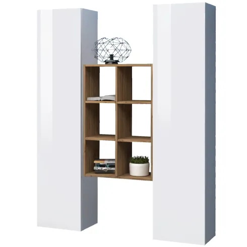 Parete Attrezzata Sospesa Soggiorno Bianco Lucido Rovere con Libreria