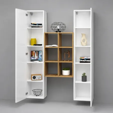 Parete Attrezzata Sospesa Soggiorno Bianco Lucido Rovere con Libreria