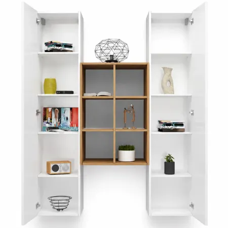Parete Attrezzata Sospesa Soggiorno Bianco Lucido Rovere con Libreria