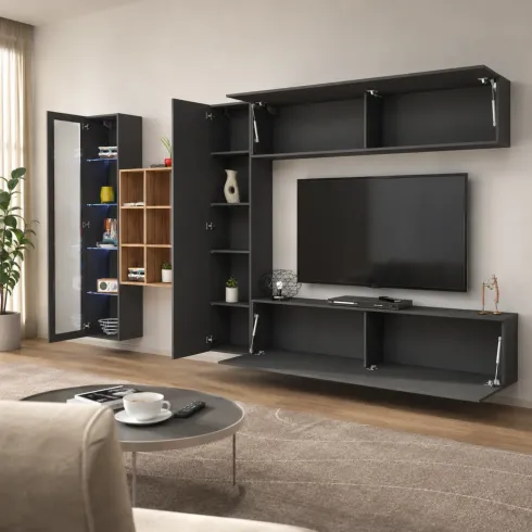 Parete Attrezzata Soggiorno Moderna con Mobile TV Vetrina Antracite