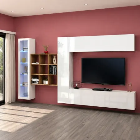 Parete Attrezzata Soggiorno Moderna con Mobile TV Vetrina Bianco