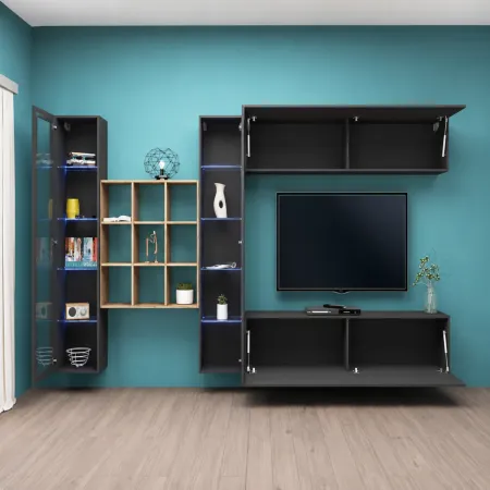 Parete Attrezzata Soggiorno 350 cm Vetrine Libreria Porta TV Antracite