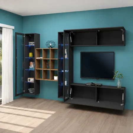 Parete Attrezzata Soggiorno 350 cm Vetrine Libreria Porta TV Antracite