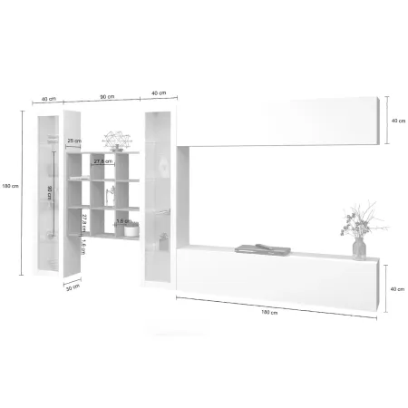 Parete Attrezzata Soggiorno 350 cm Vetrine Libreria Porta TV Bianco