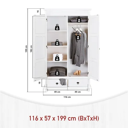 Armadio 2 Ante 2 Cassetti h 200 Bianco Ripiani Cassetti Mobile Cabina Guardaroba