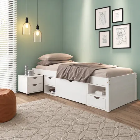 Letto Singolo Bianco a Doghe 90x200 Legno con Comodino | BricoShop24