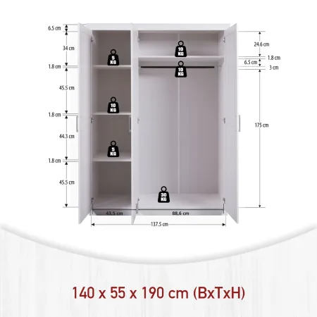 Armadio tre 3 Ante in Legno Mobile Guardaroba Bianco per Camera da Letto